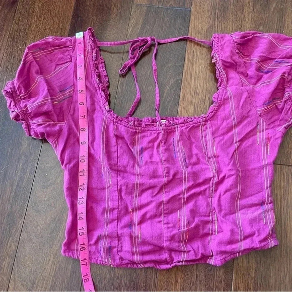 Free People Magenta Crop Top Rainbow Stitching Puff Sleeve Smocked Back Size M - Picture 11 of 12